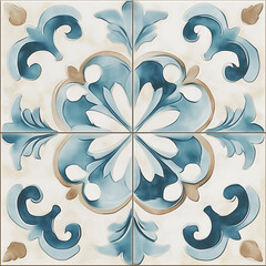 Poster - Decorative blue and beige tile with floral pattern creating elegant design