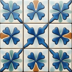Poster - Blue and brown floral pattern decorating ceramic tiles creating seamless design