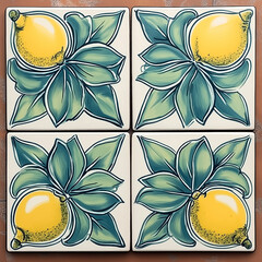 Poster - Four ceramic tiles showing lemons and leaves creating a decorative pattern