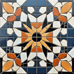 Poster - Colorful mosaic tile showing floral pattern with orange, black and white colors