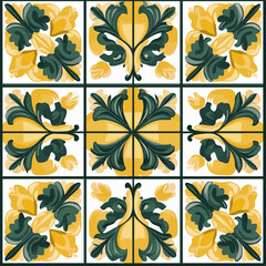 Poster - Seamless pattern of yellow and green ornamental tiles creating an elegant design