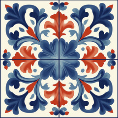 Poster - Seamless mediterranean ceramic tile pattern featuring intricate blue and red floral design