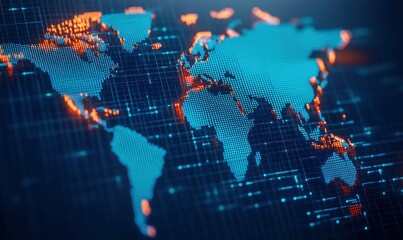 Poster - a glowing digital world map illustrates global connectivity with interconnected data points and netw