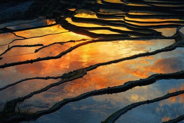 Poster - Breathtaking flooded rice terraces reflecting golden sunset with intricate layers and smooth water surfaces