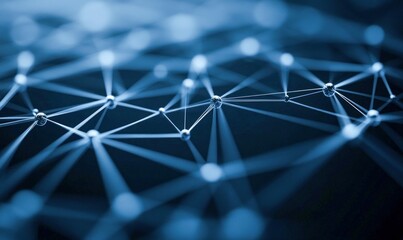 Poster - A complex blue network of interconnected nodes represents technology and communication.