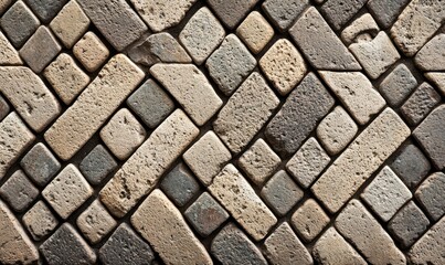 Poster - Diagonal stone wall featuring beige and gray stones creates a textured and visually interesting pattern.