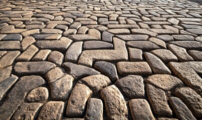 Poster - An aged cobblestone road presents a unique textured surface with its rugged, interlocking stone pattern.