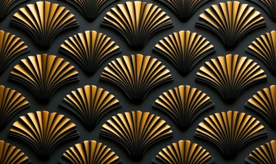 Poster - Elegant golden fan shapes form a decorative pattern against a dark backdrop, perfect for sophisticated designs.