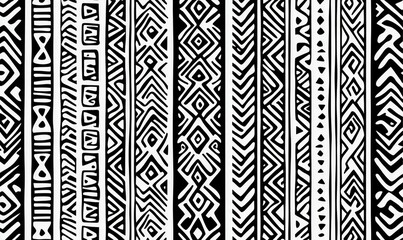 Poster - Unique black and white background displaying an intricate collection of vertical tribal patterns.