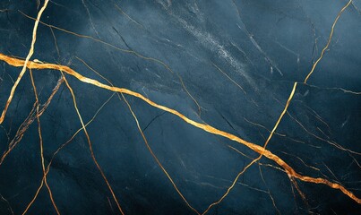 Poster - Dark blue marble background with striking golden veins creates an elegant abstract pattern.