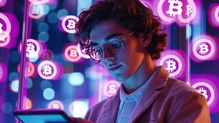 Poster - This image portrays a young man engaging with a tablet surrounded by glowing bitcoin icons. The neon colors and modern aesthetic highlight the evolving world of cryptocurrency. AI