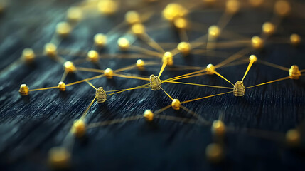 Poster - Golden Network Connection On Dark Wood Surface