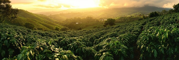 Poster - Stunning panorama of lush green coffee plantations at sunrise over rolling hills and valleys