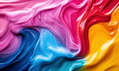 Poster - Vibrant paints in pink, red, blue, and yellow are swirling together creating an abstract background.