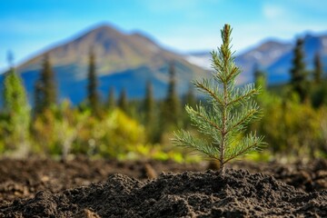 Close up of a spruce tree seedling in alaska s boreal forest under a clear blue sky on a sunny day