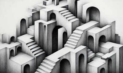 intricate grayscale drawing of an impossible staircase maze with interconnected arches, a fascinatin