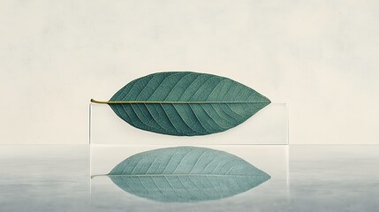 Poster - A teal leaf rests on a clear acrylic block, reflecting on a smooth surface
