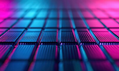 Poster - A close-up of a computer memory chip displays intricate details illuminated by vibrant neon lights.