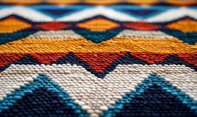 Poster - A vibrant woven rug with geometric patterns offers a rich, textured, and colorful background.