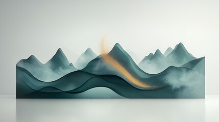 Poster - Abstract mountain range landscape,  misty and serene, with golden accents