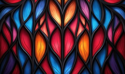 Poster - Vibrant stained glass mosaic with abstract floral and leaf patterns creates an eye-catching effect.