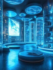 Aufkleber - Futuristic learning space featuring holographic screens and floating books with ambient blue lighting for an immersive educational experience