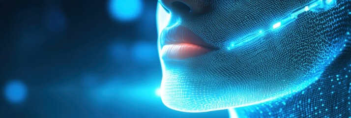 Poster - Close-up of radiofrequency skin treatment on a clients face in a futuristic setting, featuring blue aesthetic lighting