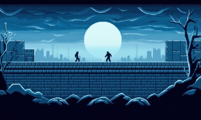 Wall Mural - two pixelated ninja warriors are facing each other on a rooftop against a backdrop of a full moon.