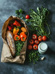 Poster - Fresh grocery bag filled with colorful produce, bakery bread, milk, and vibrant vegetables on a solid backdrop