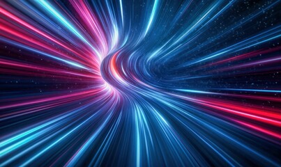 Poster - Bright blue and red light streaks converge, creating a dynamic wormhole effect in space.
