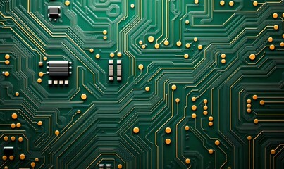 Poster - A detailed close-up of a green circuit board with golden traces shows modern technology.