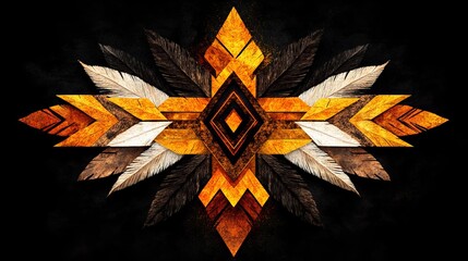 Poster - geometric pattern features arrows, feathers, and diamonds arranged symmetrically against a black bac