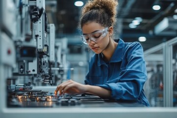 Poster - Young female engineer works with circuits in a hi-tech factory. Use this image to show manufacturing, technology, and innovation.
