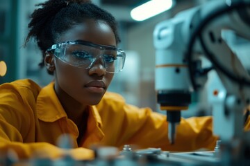 Poster - Focused engineer in safety glasses works with machine. Ideal for tech, innovation, and skilled workforce themes.