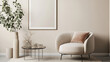 © Best_Seller - Interior design of aesthetic and elegant room with mock up poster frame, beige boucle armchair, glass vase, side tables, decoration, carpet and personal accessories. Home decor. Template.