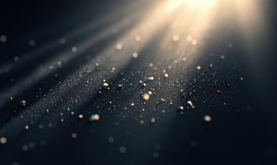 Poster - A close-up shot reveals water droplets on a surface illuminated by soft, sunlit light beams.