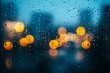 © afzal - Close-up raindrops on glass, with blurred city lights in the background, creating a dreamy and reflective scene