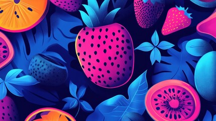 Aufkleber - Vibrant pop-art explosion with neon fruit illustrations on electric blue and pink background