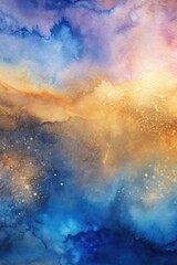 Poster - an abstract watercolor painting with a vibrant sky and space-like elements. The artwork features a dynamic mix of colors and textures, suggestive of celestial phenomena. wallpaper background
