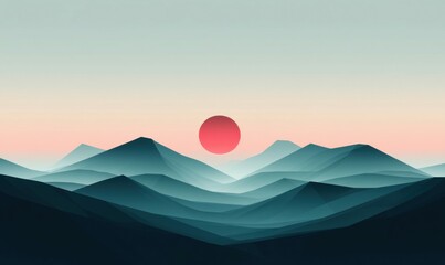 Poster - Abstract geometric mountains meet a gentle rising sun in a serene, minimalist vista.