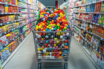Leinwandbilder - Brightly colored grocery cart filled with diverse items in a supermarket aisle during a busy shopping day