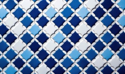 Poster - A geometric lattice pattern of blue, light blue and white glossy tiles is forming a beautiful mosaic design.