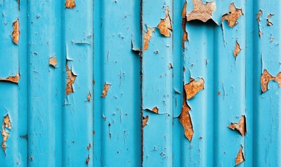Poster - Close-up reveals layers of weathered turquoise paint peeling from a rusted corrugated metal surface.