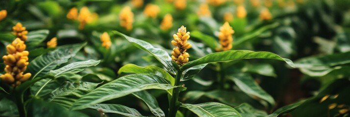 Poster - Bright green turmeric plantation with blooming golden flowers and rich earthy tones in serene natural surroundings