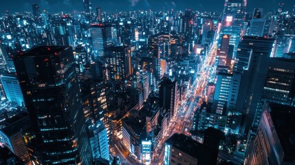 Poster - Vibrant cityscape captured from skyscraper showcasing bright neon lights and bustling streets during nighttime