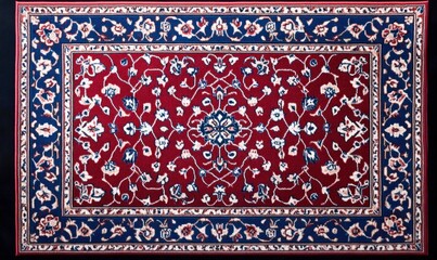 Poster - An ornate oriental rug with a floral pattern in red, white and blue is beautifully displayed.