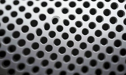 Poster - Close up of a silver metal sheet with a uniform pattern of round perforations for a textured look.