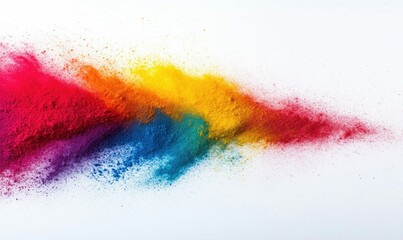 Poster - A vibrant explosion of colorful powders creates a dynamic and abstract rainbow effect on white.