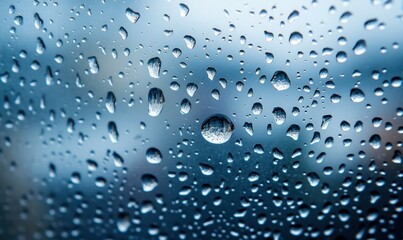 Poster - Raindrops cling to the windowpane, creating a textured, abstract view of a blurred, blue world.
