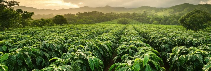 Poster - Breathtaking panoramic view of lush green coffee plantations in the morning light